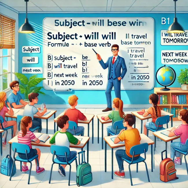 Lección sobre el futuro simple con "will" para estudiantes de inglés de nivel B1